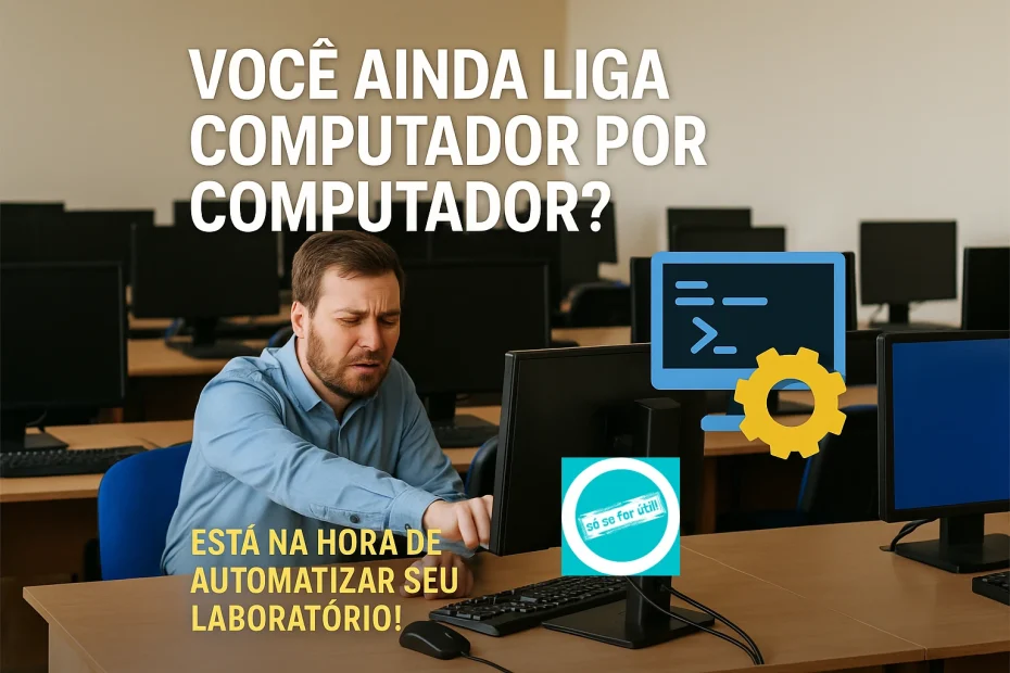 Um homem ligando os computadores de um laboratório de informática. soseforutil